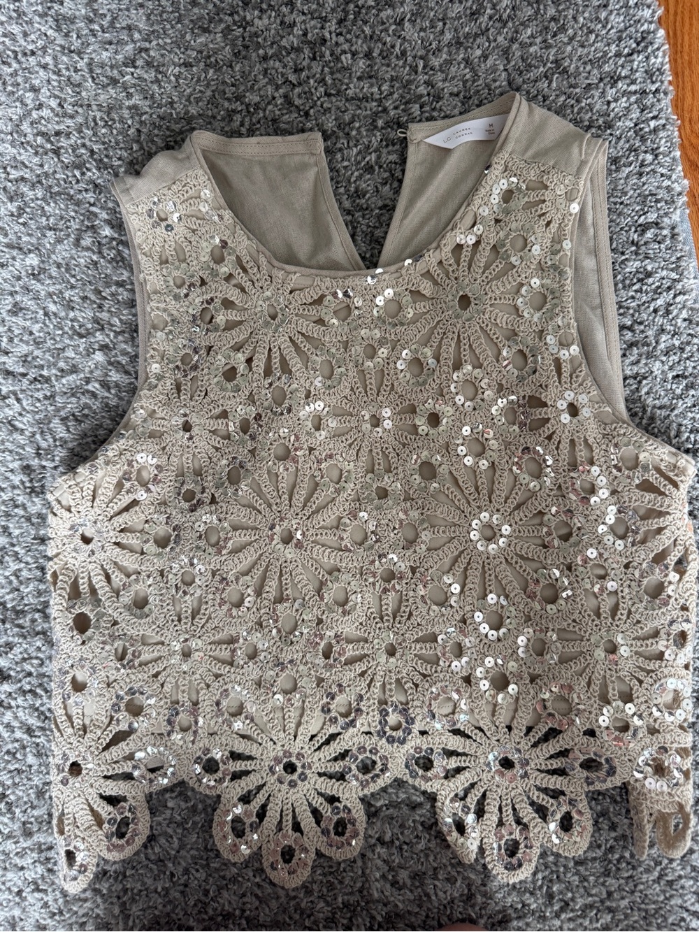 LC Lauren Conrad Beige Crochet Sequin Sleeveless Crop Top